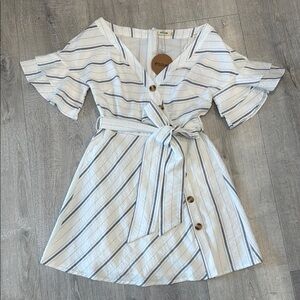 Blue and White Striped Dress with Belt